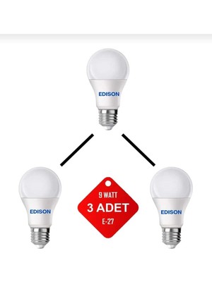 Rafta Edison LED Ampul, Beyaz Renk, 9 Watt, E27 Duy, 3'lü Paket