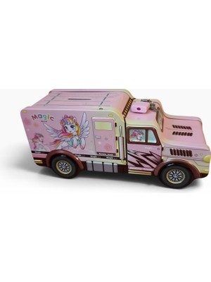 Rafta Unicorn Temalı Metal Kumbara Karavan Şeklinde Pembe, Asma Kilitli - K-0263