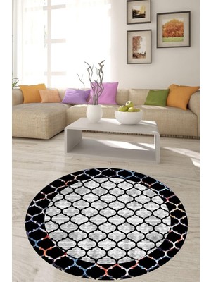 Rafta Pelangi Geometrik Karo Desenli Dijital Baskı Yıkanabilir Kaymaz Taban Modern Yuvarlak Salon Hol Halısı, Gri 120 x 120