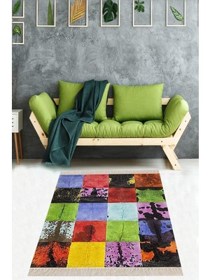 Rafta Pelangi Dana Derisi Renk Bloklu Desenli Dijital Baskı Yıkanabilir Kaymaz Taban Modern Salon Halı, Çok Renkli 60 x 200