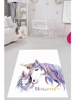 Rafta Pelangi Unicorn At Desenli Halı Dijital Baskı Yıkanabilir Kaymaz Taban Beyaz Çocuk Odası Halısı, Mavi-Beyaz 80 x 350