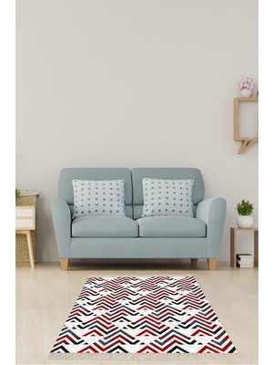 Rafta Pelangi Geometrik Zigzag Desenli Dijital Baskı Yıkanabilir Kaymaz Taban Klasik Salon Halısı, Bordo 180 x 300