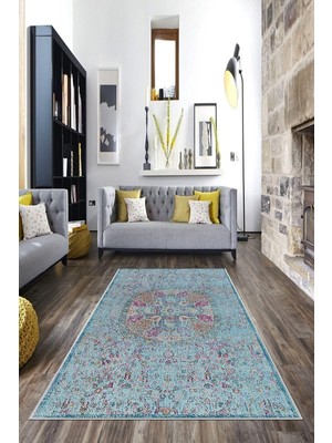 Rafta Pelangi Mavi Eskitme Desen Göbekli Yıkanabilir Kaymaz Taban Leke Tutmaz Modern Salon Halısı ve Yolluk, Turkuvaz-Pembe 160 x 230, 74571188160230728