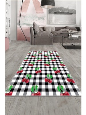 Rafta Pelangi Beyaz Siyah Kiraz Desen Yıkanabilir Kaymaz Taban Leke Tutmaz Modern Salon Halısı ve Yolluk, Kırmızı-Siyah 80 x 350, 13581668035005