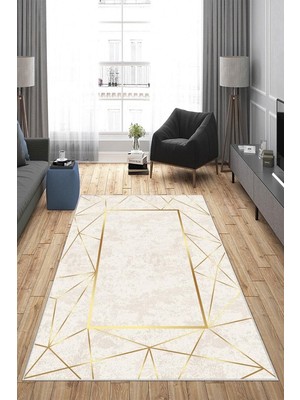 Rafta Pelangi Vizon Gold Işleme Kenarlı Yıkanabilir Kaymaz Taban Leke Tutmaz Modern Salon Halısı ve Yolluk, Krem-Gold 130 x 180, 135820313018005