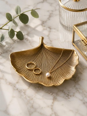 Rafta Antik Bronz Ginkgo Yaprak Takı Tabağı, Taş Tozu, 14,5 x 11,5 Cm, Dekoratif Organizer