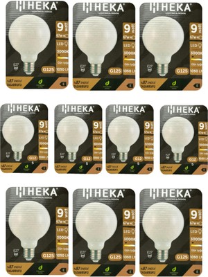 Rafta Heka LED Ampul, 9W (67W), 3000K Sarı Işık, E27 Duy, G125 Glop, 10 Adet