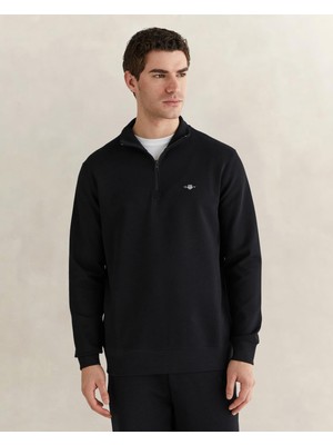 Rafta Gant Erkek Siyah Relaxed Fit Yarım Fermuarlı Logolu Sweatshirt