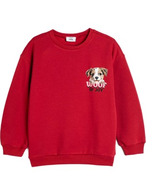 Rafta Koton Sweatshirt Köpek Baskılı Bisiklet Yaka Uzun Kollu Şardonlu