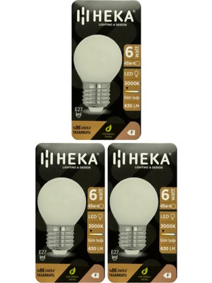 Rafta Heka LED Ampul, 6W (48W), 3000K Sarı Işık, E27 Duylu, Soft G45, 3 Adet
