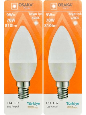 Rafta Osaka 9W (70W) Beyaz Işık (6500K) E14 LED Mum Ampul, 2 Adet