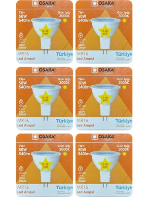 Rafta Osaka 12V 7W (50W) Sarı (3000K) Gu5.3 LED Spot Ampul, 6 Adet