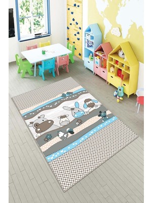 Rafta Pelangi Gri Sevimli Hayvanlar Desenli Yıkanabilir Kaymaz Taban Leke Tutmaz Çocuk Odası Halısı, Gri-Mavi 80 x 200, 90135718080200