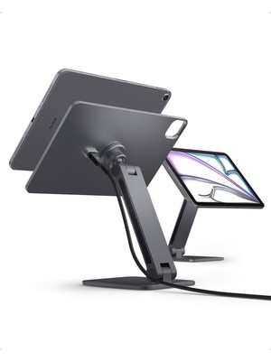 Rafta Spigen iPad Air 11" 2026-2025-2024/10.9” 2022-2020 Magfit Manyetik Kablosuz Şarj Tablet Standı / 360° Dönebilen Ayarlanabilir Alüminyum (Kablo Dahil Değildir) Gray - AMP09837