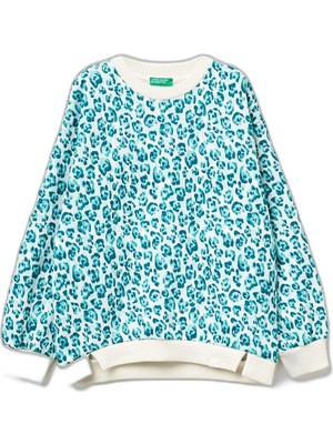 Rafta United Colors Of Benetton Kız Çocuk Mint Yeşili Baskılı Logo Detaylı Yırtmaçlı Sweatshirt, 8-9 Yaş, 225A3QHCC10RS, Mint Yeşili, Kız-Çocuk