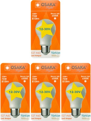Rafta Osaka 12V 10W (75W) Beyaz Işık 6500K E27 LED Ampul, 4 Adet