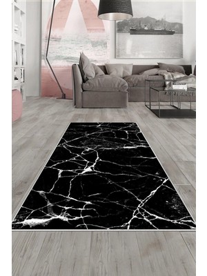 Rafta Pelangi Siyah Mermer Desenli Yıkanabilir Kaymaz Taban Leke Tutmaz Modern Salon Halısı ve Yolluk, Koyu Siyah 80 x 50, 13580758050728