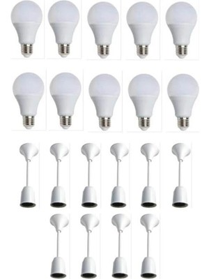Rafta Muhafazalı Porselen Asma Duy Takımı 10W LED Ampül 10LU Set Paket