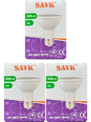 Rafta Şavk LED Spot Ampul, 7W, 6500K Beyaz Işık, PAR20, E27 Duy, 3 Adet