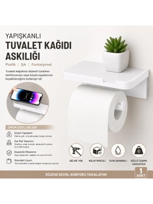 Rafta Safestore Yapışkanlı Tuvalet Kağıdı Askılığı Raflı - Delme Gerektirmeyen Telefon Raflı Tuvalet Kağıdı Tutucu Banyo Organizeri Beyaz