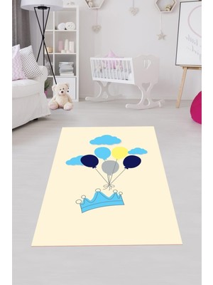 Rafta Pelangi Kral Tacı Balon Desenli Dijital Baskı Yıkanabilir Kaymaz Taban Çocuk Bebek Odası Halısı, Krem 80 x 50