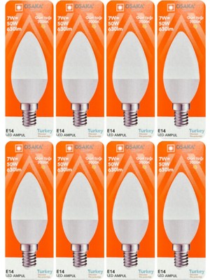 Rafta Osaka 7W (50W) Sarı Işık (3000K) E14 Duylu LED Mum Ampul, 8 Adet