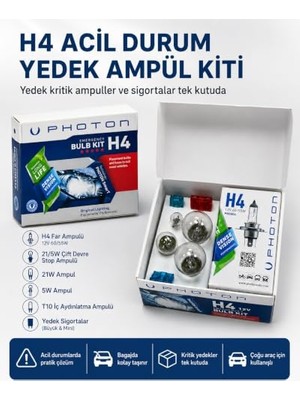 Rafta Photon H4 Acil Durum Yedek Ampül Kiti 12V 60/55W Far Stop Park T10 Ampul ve Sigorta Seti