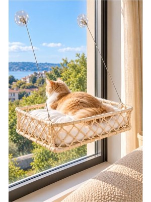 Rafta Bohem Makrome Kedi ve Küçük Köpek Cam Hamak, Vantuzlu, Minderli - Krem