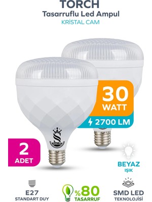 Rafta Şanled 30W Kristal Tasarruflu E27 Beyaz Işık Torch LED Ampul-1-2-4-6-8-10 Adettir (2)