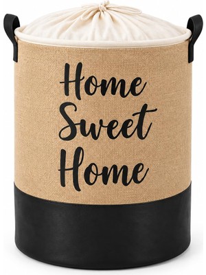 Rafta Harmony Home Sweet Home Xlarge Jüt Sepet – Büzgülü Kapaklı ve Kulplu Çok Amaçlı Düzenleyici, Çamaşır Sepeti, Jüt Oyuncak Sepeti, Çok Amaçlı Sepet 37 × 40 Cm, Siyah-Bej
