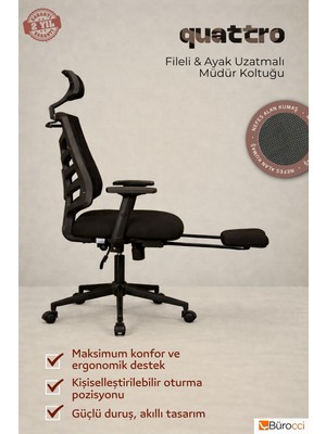 Rafta Bürocci Quattro Fileli Müdür Koltuğu Ayak Uzatmalı Çalışma Koltuğu Siyah