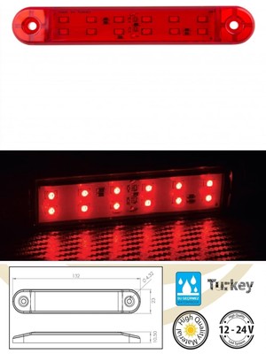 Rafta LED Lamba 12 Ledli Çift Sıralı Su Geçirmez 12-24 Volt 2.adet Kırmızı