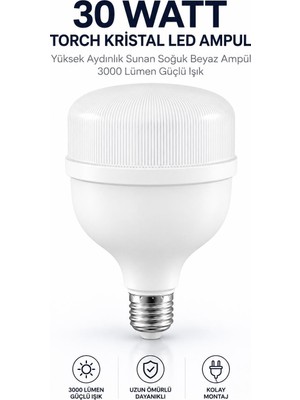 Rafta 30 Watt Torch Kristal LED Ampul Yüksek Aydınlık Sunan Soğuk Beyaz Ampül 3000 Lümen Güçlü Işık