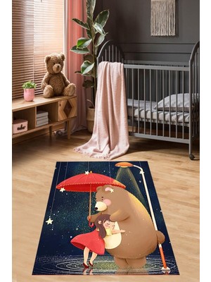 Rafta Pelangi Sevimli Ayı Küçük Kız Desenli Halı Dijital Baskı Yıkanabilir Kaymaz Taban Kız Çocuk Odası Halısı, Lacivert 40 x 40