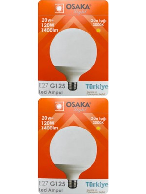 Rafta Osaka LED Ampul, 20W (120W Eşdeğeri), E27 Duylu, 3000K Sarı Işık, Glop, 2 Adet
