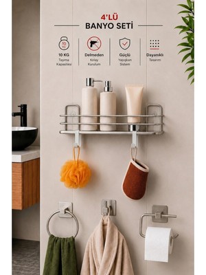 Rafta Sas Haus Banyo Düzenleyici Set 4 Parça Yapışkanlı Şampuanlık Tuvalet Kağıtlığı Havluluk Askı Tss-01 Krom, Krom