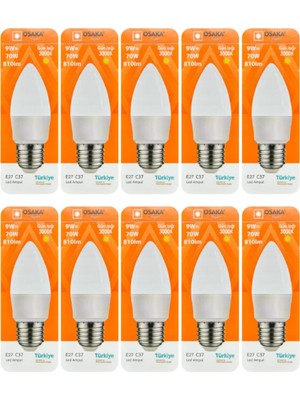 Rafta Osaka 9W (70W) Sarı Işık (3000K) E27 Duylu LED Mum Ampul, 10 Adet