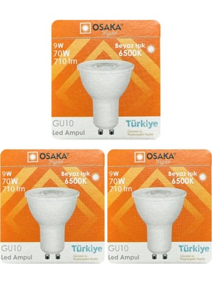 Rafta Osaka 9W (70W) Beyaz Işık (6500K) GU10 Duylu LED Çanak Ampul, 3 Adet