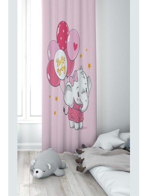 Rafta Pelangi Pembe Balon Tutan Fil Desenli Dijital Baskı Yıkanabilir Bebek Çocuk Odası Fon Perdesi, Pembe 70 x 270
