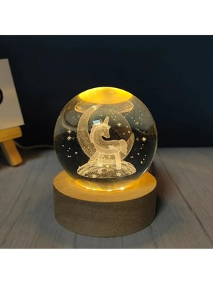 Rafta 3D Kristal Cam Küre Ahşap Kaideli Gece Lambası - Unicorn