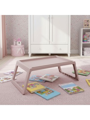 Rafta Deconox Katlanabilir Yatak Üstü Laptop Sehpası ve Kahvaltı Masası - Tablet ve Telefon Standlı Çok Amaçlı Portatif Çalışma Sehpası (56X36X26 Cm) (Pudra)
