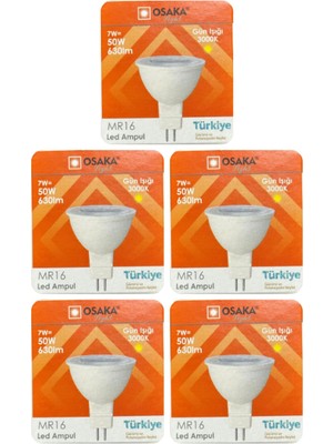 Rafta Osaka 7W (50W) Sarı Işık (3000K) MR16 LED Çanak Ampul, 5 Adet