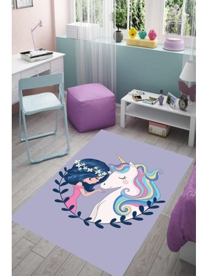 Rafta Pelangi Unicorn Desenli Dijital Baskılı Kaymaz Taban Çocuk Odası Halısı, Lila 100 x 200