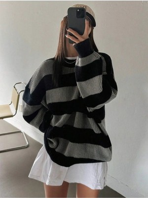 Dier Moda Kadın Gri Triko  Çizgili Oversize Kazak