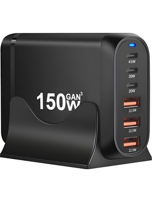 TeknoKapsül Jouis Çoklu Şarj Istasyonu Gan 150W - 6 Portlu Masaüstü Hızlı Şarj Cihazı (4x Type-C 100W/20W, 2x Usb-A 18W) Macbook, Laptop, iPhone 15/14, iPad ve Android Uyumlu Akıllı Şarj Adaptörü