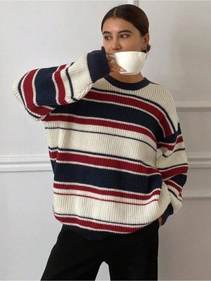 Dier Moda Kadın Çizgili Oversize Kazak, Kadın Kazak