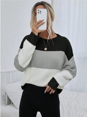 Dier Moda Kadın Oversize Çizgili Triko Kazak, Çizgili Kazak