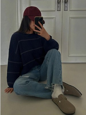 Dier Moda Kadın Ince Çizgili Lacivert Oversize Triko Kazak