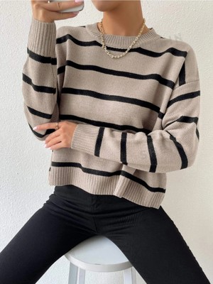 Dier Moda Kadın Beyaz Oversize Çizgili Triko Kazak, Çizgili Kazak