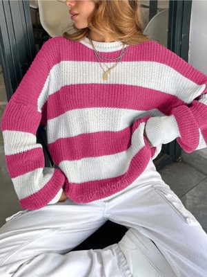 Dier Moda Kadın Bisiklet Yaka Çizgili Oversize Triko Kazak FMODA602